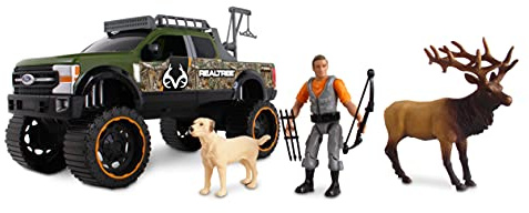 NKOK Realtree Camo 1/18 Scale Free-Wheel 8-PC Play Set, Ford F-250 Super Duty w/Accessories: Roll Bar, Roof Rack, Light Bar, Working Doors and Tailgate, Game Hoist, Hunter, Bow&Arrows, Dog & Elk