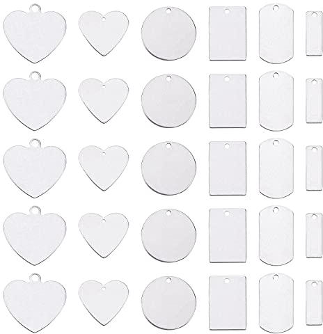 UNICRAFTALE 36pcs 6 Styles Edelstahl Charms Stamping Blank Tag Anhänger, Rechteck/Herz/Flache Runde/Gemischte Form Anhänger Für Armbänder, Halsketten Und Ohrringe Machen Handwerk