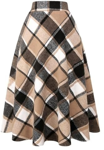 IDEALSANXUN Jupe à Carreaux en Laine pour Femme - Taille élastique - Ligne A - Plissée - Carreaux écossais - Longue
