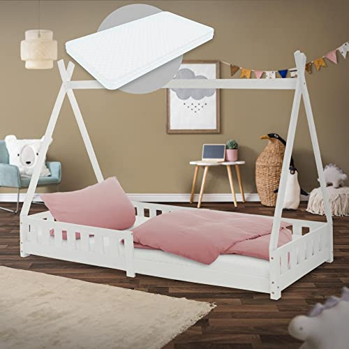 ML-Design Letto a Terra per Bambini Design Tipi 90 x 200 cm Bianco, in Legno di Pino Massiccio, con Sponde Protezione Anticaduta e Materasso 10 cm in Schiuma Fredda, Giroletto Montessori per Ragazzi