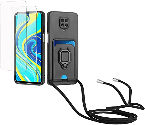 Kaslly Case für Redmi Note 9 Pro/Note 9 Pro Max/Note 9S Handykette Hülle+[2 Schutzfolie Glas],Slide kameraschutz,Silikon Handyhülle zum Umhängen Kette,Kartenfach-Schwarz