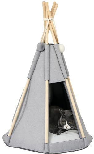PawHut - Tienda Tipi para Animales (Teepee Gato o Perro, cojín Grueso, Gran Comodidad, 2 Pompones incluidos, para casa, casa, casa, Estructura de Madera de Pino, Fieltro de Felpa, Color Gris