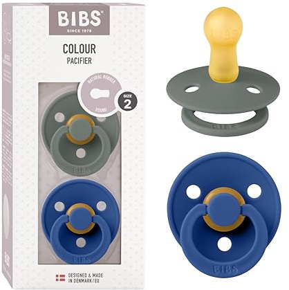 BIBS Colour Soother 2-Pack, BPA Free Dummy Pacifier, Round Nipple. Natural Rubber Latex, Made in Denmark, Size 2 (6-18 Months), Pine/Cornflower