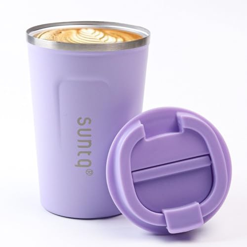 SUNTQ Tasse à café à emporter en acier inoxydable - Gobelet isotherme à double paroi isolée - Tasse à café avec couvercle anti-fuite réutilisable (violet, 380 ml)