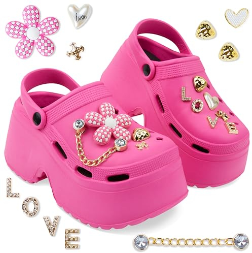 CityComfort Platform Clogs Damen, Sommerschuhe mit Ansteckern & Schuh Schmuck (Rosa, 38-39 EU)