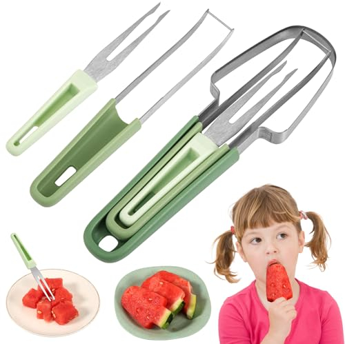 3 en 1 Cortador de Tenedor de Sandía, Acero Inoxidable Cortador de Sandia Rebanador Cuchillo Cortador de Melón Fruta Herramienta de Corte de Sandía Multifuncional Utensilios de Cocina (Verde)