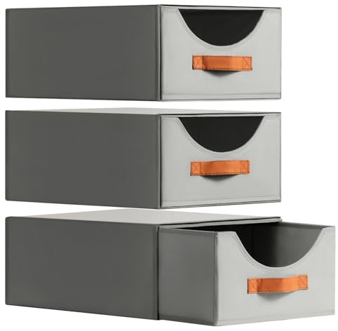 Homsorout Wardrobe Storage Organiser - Foldable Stackable Storage Drawers Box, Fabric Storage Baskets for Clothes Organization, Shelves, Bedroom, Living Room, Grey, 16 Inch. - 3 Pack