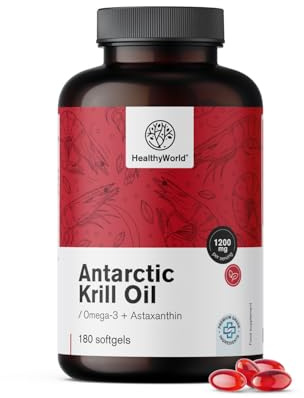 HealthyWorld Olio di Krill 1200 mg - 180 Capsule Molli - Omega-3 + astaxantina - Senza glutine, lattosio e aromi artificiali - Fornitura per 3 mesi - Funzioni cardiovascolari