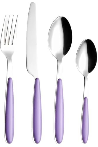 EXZACT Colore Posate in acciaio inox set 16 pz - 4 x Forchetta, 4 x Coltelli, 4 x Cucchiai Cena, 4 x Cucchiaini (lilla X 16)