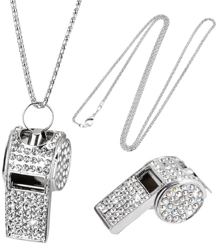 DELORIGIN Coaches Whistle with Lanyard Silver Whistle Necklace Metal Bling Clear Rhinestone Whistle Chain Shining Crystal Whistle with Lanyard for Women Teacher Coacheses Referees Training Accessories