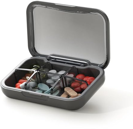 Glosen Pill Box with 6 Compartments - Travel Pill Organiser with Snap Lock, Small Pill Case for Vitamin, Tablet Box for Pocket Bag 4 x 2.6 x 1 inch(Black)