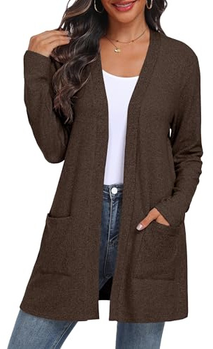 QIXING Cardigan aperto da donna, leggero, a maniche lunghe, elegante, con tasche, per autunno e inverno, comodo, traspirante e caldo, marrone, M