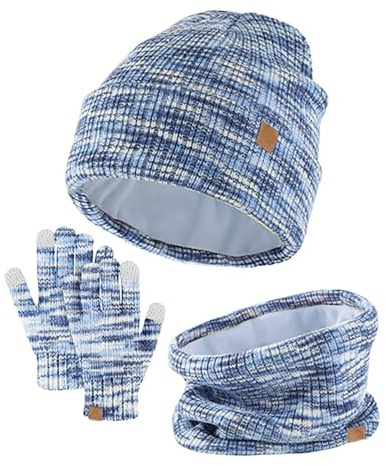 3 Ensembles de bonnet et de gants d'hiver pour enfants - Bonnet tricoté pour tout-petits - Gants tactiles - Cache-cou pour garçons et filles de 5 à 14 ans - Ensemble de gants et de bonnet avec écharpe