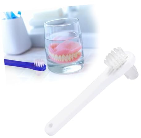 TOBBOMEY 4 piezas Cepillo Limpiador para Dentaduras Postizas Cabezal Doble Ángulo con Cerdas Firmes Mango Antideslizante Herramienta Portátil para Limpieza Precisa de Prótesis