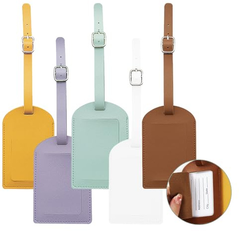 HLIWS Etiquetas de equipaje,Identificador de Maletas,5 Piezas Cuero Etiquetas,para situaciones como viajes en avión,viajes en tren de alta velocidad,vacaciones en coche(diseño con apertura lateral)