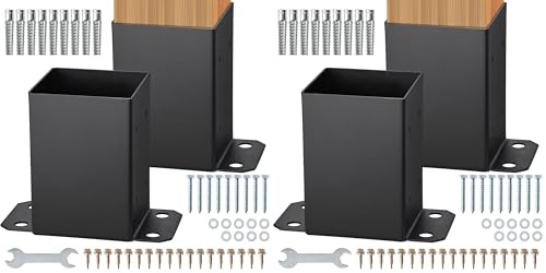 VEVOR 101.6x101.6mm Post Base 2 Pcs, Inner Size 91x91 Post Base Brackets, Heavy Duty Powder-Coated Post Anchor Matte Black Wood Post Brackets for Pavilion Deck Railing Support Deck Base Plate