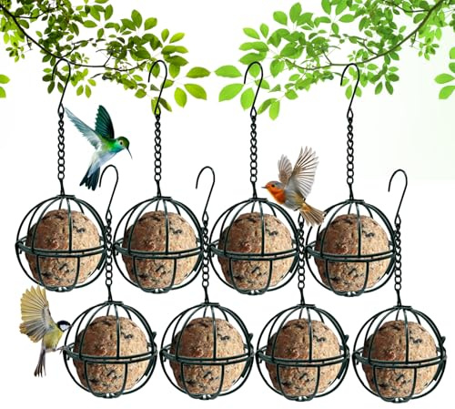 8 unidades de soportes para bolas de masa para pájaros de metal, estación de alimentación colgante para aves silvestres con tapa plegable, soporte para bolas de carbonero para colgar, soporte para