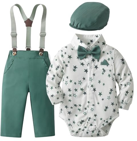 Fohuanky Conjunto para niño tirantes, body con pajarita y gorra plana; traje de gala para bebé, traje de caballero para bodas, bautizos y cumpleaños, de 0 a 18 meses
