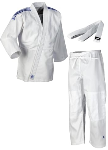 adidas Judoanzug J350 | Judo-GI für Kinder und Erwachsene | Für Training und Wettkampf | Stoffgewicht 350g/qm | Anzug Weiß, 120 cm, Schulterstreifen Blau