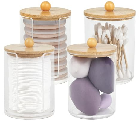 JINTANG 4 supporti per cotton fioc con coperchio in bambù, dispenser per dischetti di cotone, accessori da bagno in bambù, per barattoli di batuffoli di cotone, contenitore per cotton fioc struccante