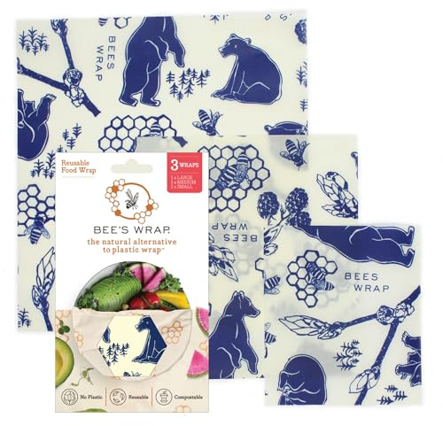 Bee's Wrap Beeswax Wraps for Food - 3 Pack of Assorted Beeswax Wraps - Small, Medium & Large Wrap - Plastic Free Made in USA Reusable Natural Food Wrap - Bees & Bears Print