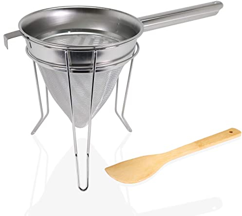 Anchy Premium 20cm Chinois Passing Strainer with Extra Fine Durable Mesh Stainless Steel Large Professional Conical Sieve Set Complete with Spatula and Stand