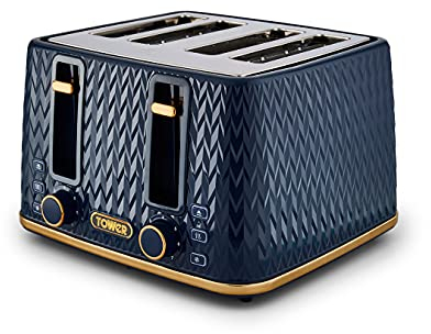 Tower T20061MNB Empire 4-Slice Toaster with Defrost/Reheat, Removable Crumb Trays, 1600W, Midnight Blue and Brass
