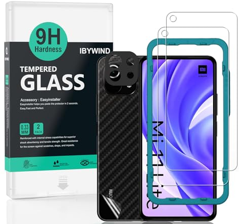 Ibywind Schutzfolie kompatibel mit Xiaomi 11 Lite 5G NE/Mi 11 Lite 5G/4G, mit Metall Kamera Schutzfolie, Carbon Fiber Skin für die Rückseite, Inklusive Easy Install Kit (Zentrierrahmen)