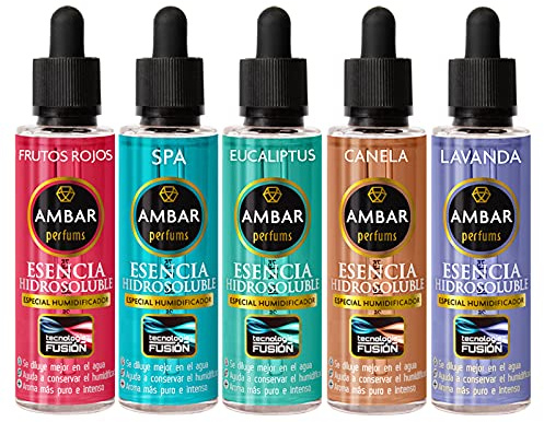 Ambar Perfums Juego 5 Esencias Hidrosolubles de 50 ml, bienestar natural. Tamaño XL. Tecnología Fusión para Humidificador. Aromas Canela, Eucalipto, Frutos Rojos, Lavanda, Spa