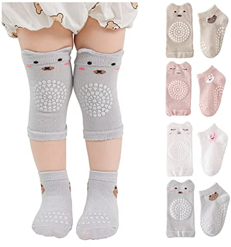 Huakunda 4 Paar Baby Knieschoner Baby Socken, Unisex Beinwärmer Kleinkind Anti-Rutsch mit Gummipunkten zum Krabbeln 0-36 Monate (S, 01)