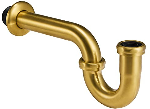 18 Gauge Solid Brass P-Trap 1 1/4” OD, Heavy Duty Brass Tubular J Bend Pipe Connector, Decorative Bathroom Basin Sink Waste Trap Drain Kit with Flange and Gasket Washers, Brushed Gold