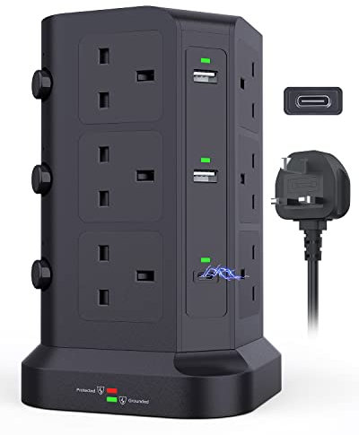 KOOSLA Dual 20W USB C Tower Extension Lead [PD 3.0/QC 3.0], 12 Way Extension Tower with 4 USB A Output [13A 3250W] Surge Protected Plug Extension for Office, Home, School, 2M Extension Cord, Black