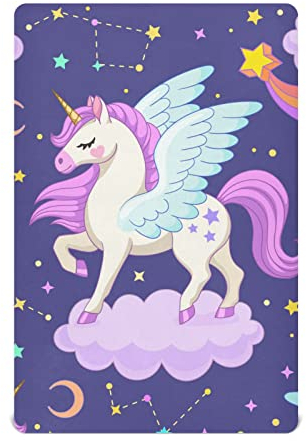 Kigai Einhörner mit blauen Flügeln, Baby-Spannbetttuch, weich, atmungsaktiv, für Kinderbett-Matratzen, gemütlich, Kleinkind, Spielplatz, 132 x 71 x 22,9 cm