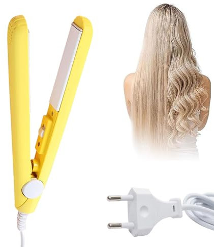2-in-1 Glätteisen, Haarglätter aus Keramik Erzielen Sie Gerfekt Glattes oder Lockiges Haar, Mini Haarglätter, für lange & Kurze Haare, Tragbar Lockenwickler, Für alle Haartypen Geeignet (Gelb)