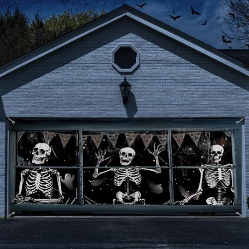 HunnmingRe 2,1 x 4,8 m Décorations de porte de garage Halloween Squelette Halloween Couverture de porte de garage Fantôme Squelette Bannière Grande toile de fond avec œillets pour décoration murale de