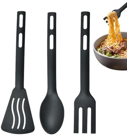 Kitchen Utensils Set | Cooking Spoon - 446°F Heat Resistant Utensils Black Kitchen Set - Slotted Spoon - Portable Kitchen Gadgets with Fork for Cooking & Baking, Fit Nonstick Cookware