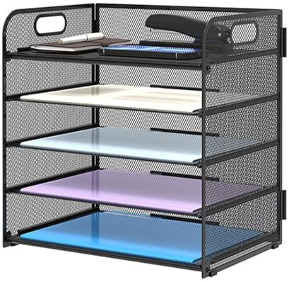 Zjyufy Paper Organizer File Trays, 5 Tier Letter FilingTray Desk Tidy Organiser with Handle, Paper/File Organizer Document Holder Mesh Desk Magazine File Holder for Home Office Supplies, Black