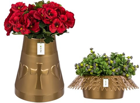 Lot de vases à piston de cimetière - Hauteur : 25,5 cm - Diamètre : 11 cm - Pot de fleurs - Diamètre : 23 cm - Graphite brillant - Décoration funéraire pour compositions en fleurs artificielles et