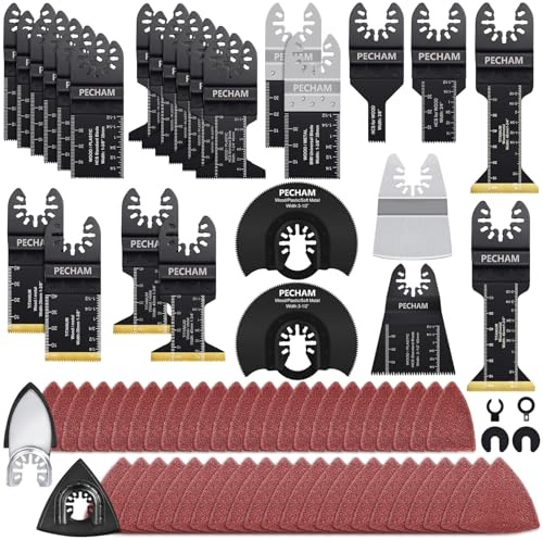 PECHAM 128Pcs Multi Tool Blades Kits, Titanium Saw Blades & Sanding Pads, Universal Wood Metal Plastic Cutting, Fit Most Oscillating Tools