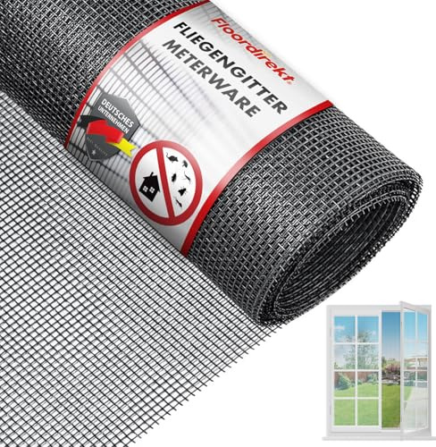 Floordirekt Fliegengitter Meterware, Fiberglas-Fliegengitter Gewebe,150 cm x 15 m, Insektenschutz Fenster Mesh, Schutz gegen Mücken, UV-beständig für Fenster und Türen (Schwarz)