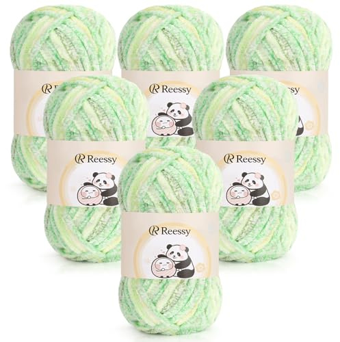 Reessy Chenille Yarn 600g(6×100g), Super Soft Fluffy Velvet Yarn Set, Thick Yarns Knitting Wool for Knitting and Crochet Amigurumi, Handbag, Blankets, DIY(Yellow Green)