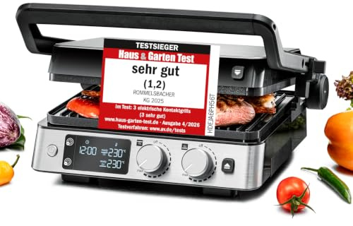 ROMMELSBACHER Kontaktgrill KG 2025, Kontakt- und Flächengrill, getrennt regelbare Grillflächen, keramische Antihaftbeschichtung (PFAS-frei), Temperaturregelung in 15 Stufen, Fettablauf, Wechselplatten