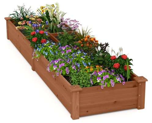 RELAX4LIFE Fioriera da Esterno, Orto Rialzato da Esterno con Fondo Aperto, Fioriera in Legno di Abete con 1 Grande e 6 Piccoli Scomparti per Verdure, Fiori e Erbe (Marrone, 228×62×25cm)