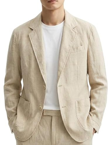HUIANGLIYG Blazer Homme 100% Lin Veste de Costume À Deux Boutons À Revers, Veste Smart Casual Légère et Respirante avec Poches pour Le Quotidien Au Bureau de Mariage