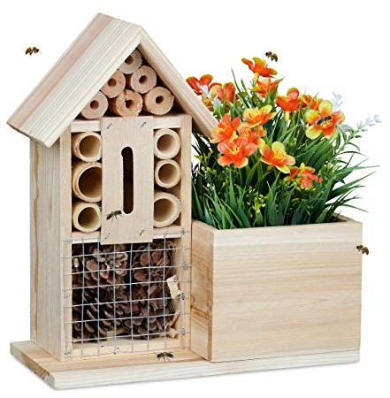 Relaxdays Blumentopf Bienenhotel, 2 in 1 Nisthilfe mit Übertopf, Pflanztopf Kräuter Blumen, Holz, HBT 26x24x12 cm, Natur