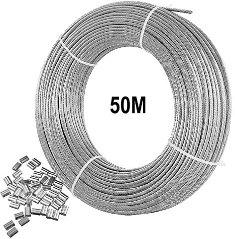 2 mm wire rope, 316 stainless steel wire cable, 50 m long aircraft cable with 25 piece crimp loop sleeve, 7 x 7 stranded core, 167 kg break resistance, perfect for outdoor, garden or craft work.