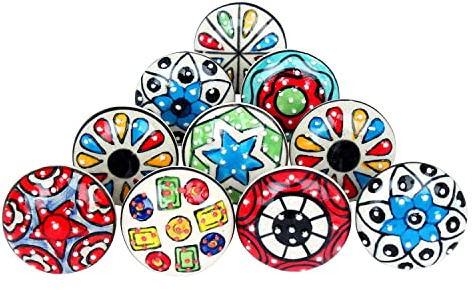 Ajuny Juego de 10 Pomos y Tiradores de Cerámica Multicolor Hechos a Mano para Armarios, Cajones y Puertas – Decorativos para Muebles de Cocina y Baño, Hogar, Cómodas y Aparadores