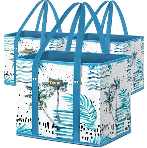 BALEINE 3Pk Reusable Grocery Bags, Foldable Shopping Bags for Groceries with Reinforced Bottom & Handles (Island Breeze)
