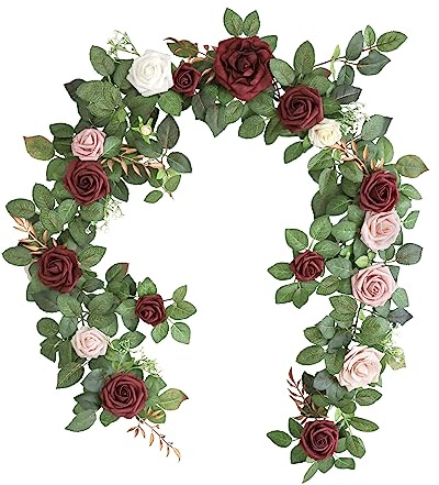 Lookein Artificial Rose Flower Garland Greenery Garland 5FT for Wedding Ceremony Backdrop Arch Flowers Table Centerpieces Decorations, Burgundy