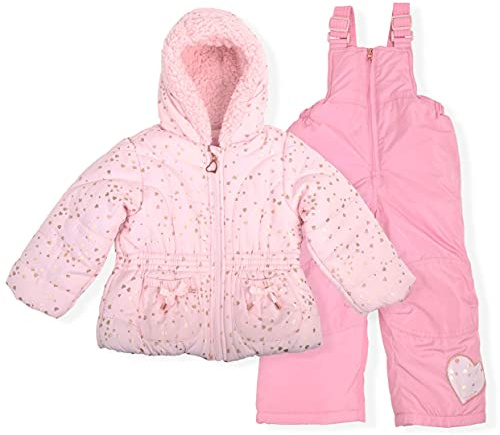 Arctic Quest Little Girls Bib Snow Pants and Ski Jacket Water-Resistant Snowsuit For Kids Winter Jacket For Girls Hooded, Blush, 4